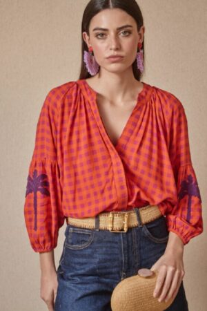 Blusa vichy naranja y fucsia - Imagen 2